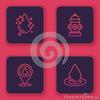 Set line Water drop, with location, Fire hydrant and . Blue square button. Vector Vector Illustration