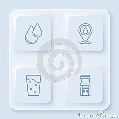 Set line Water drop, with location, Glass water and cooler. White square button. Vector Vector Illustration