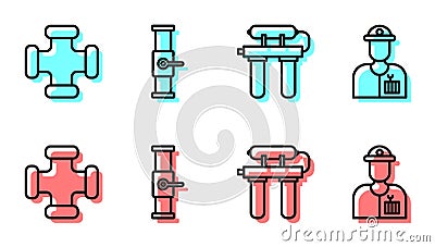 Set line Water filter, Industry metallic pipe, Industry pipe and valve and Plumber icon. Vector Vector Illustration