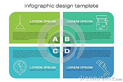 Set line Water meter, Rubber plunger, Pipe adjustable wrench and Well. Business infographic template. Vector Vector Illustration