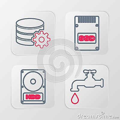 Set line Water tap, Hard disk drive HDD, SSD card and Setting database server icon. Vector Stock Photo