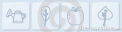Set line Watering can, Apple, Leaf or leaves and Leaf or leaves. White square button. Vector Vector Illustration