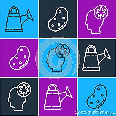 Set line Watering can, Human head with leaf and Potato icon Vector Illustration