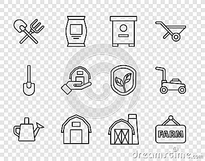 Set line Watering can, Signboard with text Farm, Hive for bees, house, Shovel and rake, hand, and Lawn mower icon Vector Illustration