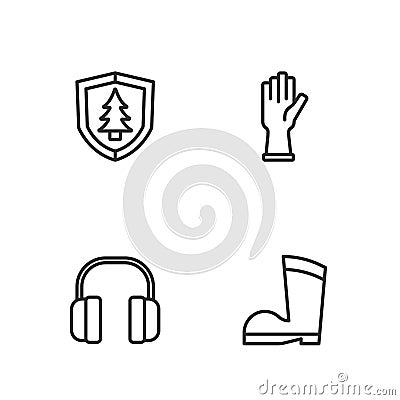 Set line Waterproof rubber boot, Headphones, Shield with tree and Protective gloves icon. Vector Vector Illustration