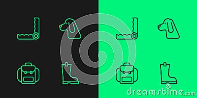 Set line Waterproof rubber boot, Hiking backpack, Trap hunting and Hunting dog icon. Vector Vector Illustration