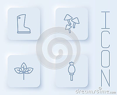 Set line Waterproof rubber boot, Mushroom, Leaf and Opium poppy. White square button. Vector Vector Illustration