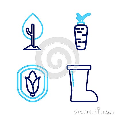Set line Waterproof rubber boot, Shield corn, Carrot and Tree icon. Vector Stock Photo