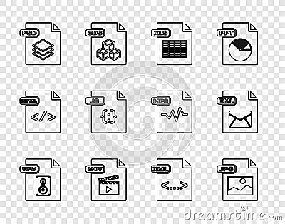 Set line WAV file document, JPG, XLS, MOV, PSD, JS, XML and EML icon. Vector Vector Illustration