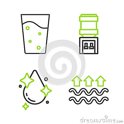 Set line Waves of water and evaporation, Water drop, cooler and Glass with icon. Vector Stock Photo