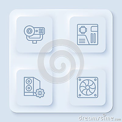 Set line Web camera, Motherboard digital chip, Case of computer and Computer cooler. White square button. Vector Vector Illustration