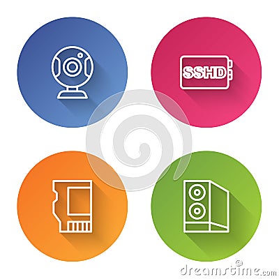 Set line Web camera, SSHD card, SD and Case of computer. Color circle button. Vector Vector Illustration