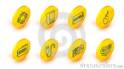 Set line Web camera, Video graphic card, USB cable cord, SSD, Computer mouse, SSHD, and Processor with CPU icon. Vector Vector Illustration
