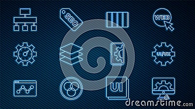 Set line Web development, UI or UX design, Color palette guide, Layers, Website statistic, Site map, and SEO Vector Illustration