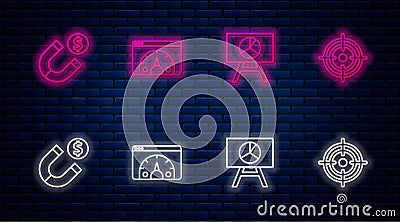 Set line Website statistic, Board with graph chart, Magnet money and Target. Glowing neon icon on brick wall. Vector Vector Illustration