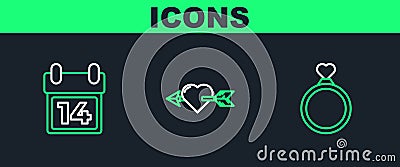 Set line Wedding rings, Calendar with February 14 and Amour heart and arrow icon. Vector Stock Photo