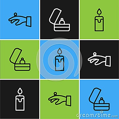 Set line Wedding rings on hand, Burning candle and icon. Vector Vector Illustration