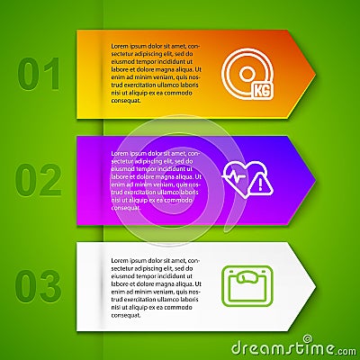 Set line Weight plate, Heart rate and Bathroom scales. Business infographic template. Vector Stock Photo