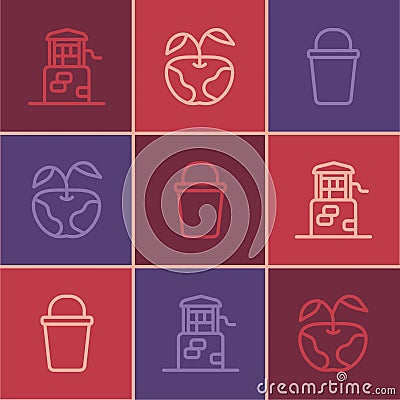 Set line Well, Bucket and Apple icon. Vector Vector Illustration