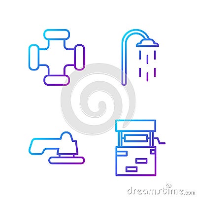 Set line Well, Water tap, Industry metallic pipe and Shower. Gradient color icons. Vector Vector Illustration