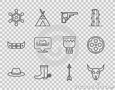 Set line Western cowboy hat, Buffalo skull, Revolver gun, Cowboy boot, Hexagram sheriff, Location, Crossed arrows and Stock Photo