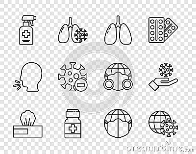 Set line Wet wipe pack, Earth globe with virus, Lungs, Medicine bottle and pills, Liquid antibacterial soap, Negative Vector Illustration