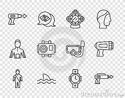Set line Wetsuit for scuba diving, Fishing harpoon, Aqualung, Shark, Photo camera diver, Diving watch and Flashlight Vector Illustration