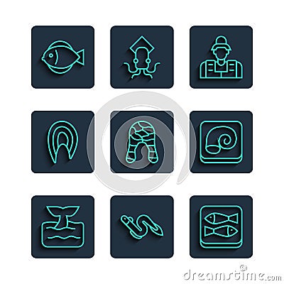 Set line Whale tail in ocean wave, Eel fish, Canned, Fisherman, steak, and Octopus on plate icon. Vector Vector Illustration