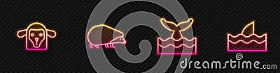 Set line Whale tail in ocean wave, Sheep head, Hedgehog and Shark fin. Glowing neon icon. Vector Vector Illustration