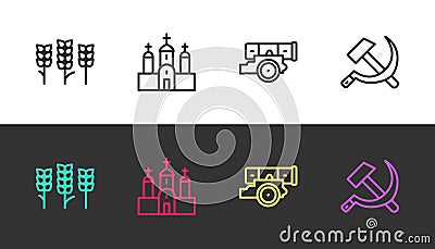 Set line Wheat, Church building, Cannon and Hammer and sickle USSR on black and white. Vector Vector Illustration