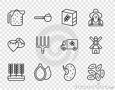 Set line Wheat, Seed, Flour pack, Pumpkin seeds, Measuring cup, Garden pitchfork, and Windmill icon. Vector Vector Illustration