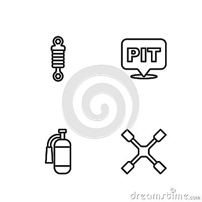Set line Wheel wrench, Fire extinguisher, Shock absorber and Pit stop icon. Vector Vector Illustration