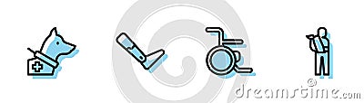 Set line Wheelchair, Guide dog, Prosthesis leg and Human broken arm icon. Vector Vector Illustration