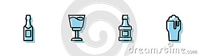 Set line Whiskey bottle, Champagne, Wine glass and Glass of beer icon. Vector Stock Photo