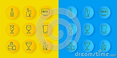 Set line Whiskey bottle and glass, Glass of beer, Wine, Champagne, with water, Alcohol bar location and icon. Vector Vector Illustration