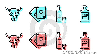 Set line Whiskey bottle and glass, Buffalo skull, Playing cards and Whiskey bottle icon. Vector Vector Illustration