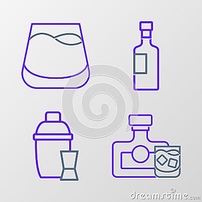 Set line Whiskey bottle and glass, Cocktail shaker, Wine and Glass of whiskey icon. Vector Stock Photo