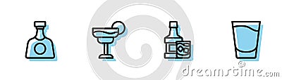 Set line Whiskey bottle and glass, Tequila, Cocktail and Shot icon. Vector Vector Illustration