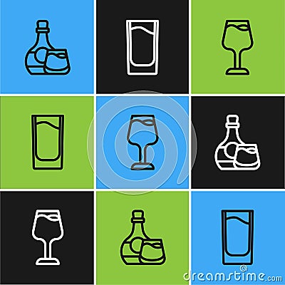 Set line Whiskey bottle and glass, Wine and Shot icon. Vector Vector Illustration