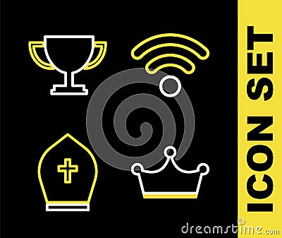 Set line Wi-Fi wireless network, Crown, Pope hat and Trophy cup icon. Vector Vector Illustration