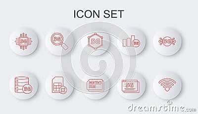 Set line Wi-Fi wireless network, Server 5G, Processor, Search, Sim card rejected and Micro Card icon. Vector Stock Photo