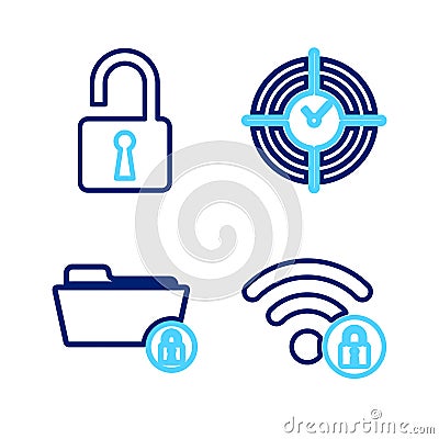 Set line Wifi locked, Folder and, Time Management and Open padlock icon. Vector Vector Illustration