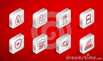 Set line Wifi locked, Padlock with clock, Keyhole eye, Mobile and password, Invisible hide, Money, Cloud VPN interface Stock Photo