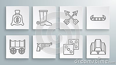 Set line Wild west covered wagon, Cowboy boot, Revolver gun, Game dice, Gold bars, Crossed arrows, Kayak or canoe and Stock Photo