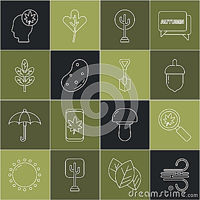 Set line Wind, Magnifying glass with leaf, Acorn, Tree, Potato, Leaf leaves, Human head and Shovel icon. Vector Vector Illustration