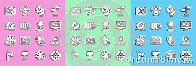 Set line Wind rose, Folded map with location marker, Monitor, Map human, Push pin, Gps device and icon. Vector Vector Illustration
