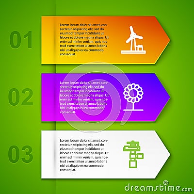 Set line Wind turbine, Flower, Automatic irrigation sprinklers and . Business infographic template. Vector Vector Illustration