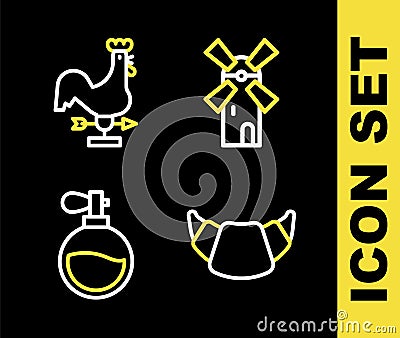 Set line Windmill, Croissant, Perfume and Rooster weather vane icon. Vector Stock Photo