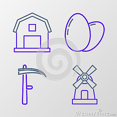 Set line Windmill, Scythe, Chicken egg and Farm House concept icon. Vector Stock Photo