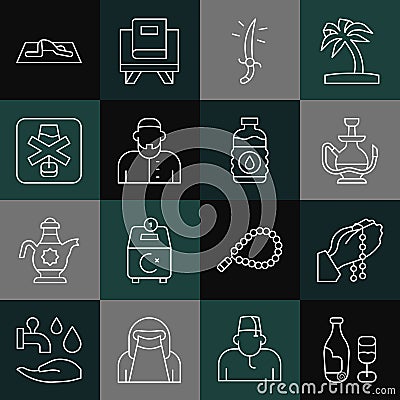 Set line Wine bottle with glass, Hands praying position, Hookah, Arabian saber, Muslim man, No alcohol, prays and Bottle Vector Illustration